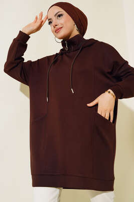 Dik Yaka Fermuarlı Tunik Kahve - Thumbnail