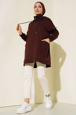 Dik Yaka Fermuarlı Tunik Kahve - Thumbnail