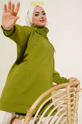 Dik Yaka Fermuarlı Tunik Yağ Yeşili - Thumbnail