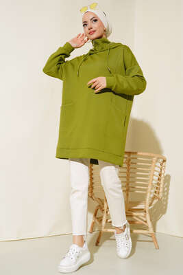 Dik Yaka Fermuarlı Tunik Yağ Yeşili - Thumbnail