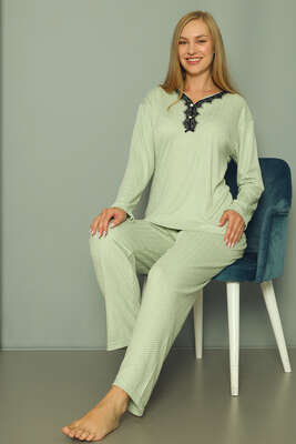 Pazarium - Puantiyeli Kadın Pijama Takımı Su Yeşili