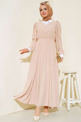 Pazarium - Gömlek Yakalı Elbise Bej