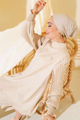 Kolları Piliseli Keten İkili Takım Bej - Thumbnail