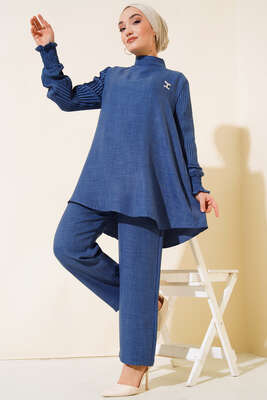 Kolları Piliseli Keten İkili Takım İndigo - Thumbnail