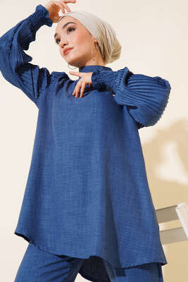 Kolları Piliseli Keten İkili Takım İndigo - Thumbnail