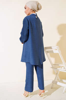 Kolları Piliseli Keten İkili Takım İndigo - Thumbnail