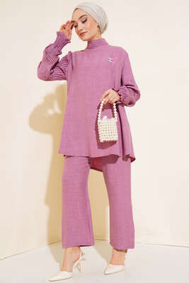 Kolları Piliseli Keten İkili Takım Magenta - Thumbnail