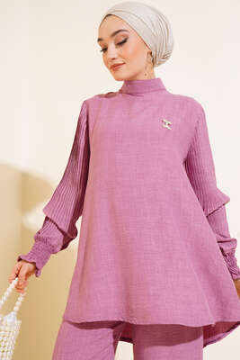 Kolları Piliseli Keten İkili Takım Magenta - Thumbnail