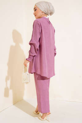 Kolları Piliseli Keten İkili Takım Magenta - Thumbnail