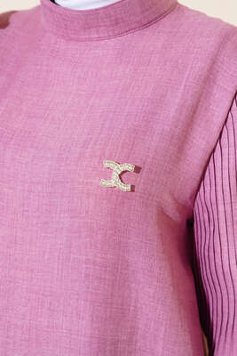 Kolları Piliseli Keten İkili Takım Magenta - Thumbnail