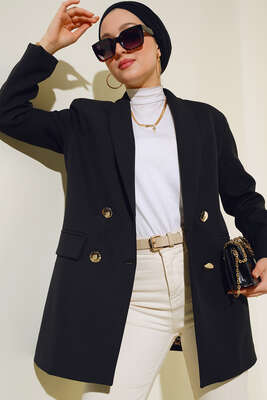 Astarı Leoparlı Kruvaze Ceket Siyah - Thumbnail