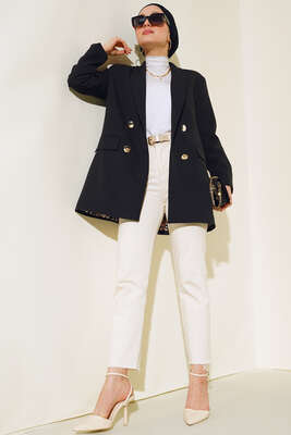 Astarı Leoparlı Kruvaze Ceket Siyah - Thumbnail