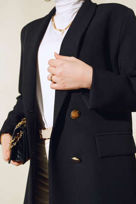 Astarı Leoparlı Kruvaze Ceket Siyah - Thumbnail