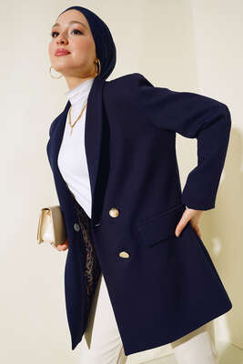 Astarı Leoparlı Kruvaze Ceket Lacivert - Thumbnail