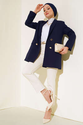 Astarı Leoparlı Kruvaze Ceket Lacivert - Thumbnail