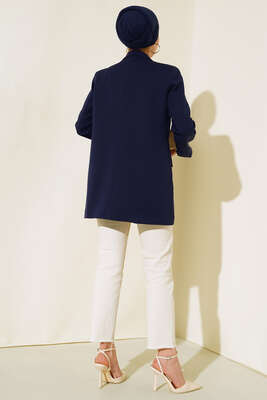 Astarı Leoparlı Kruvaze Ceket Lacivert - Thumbnail