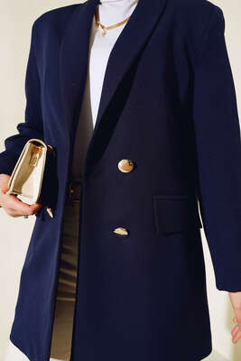 Astarı Leoparlı Kruvaze Ceket Lacivert - Thumbnail