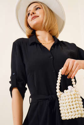 Kuşaklı Boydan Düğmeli Elbise Siyah - Thumbnail