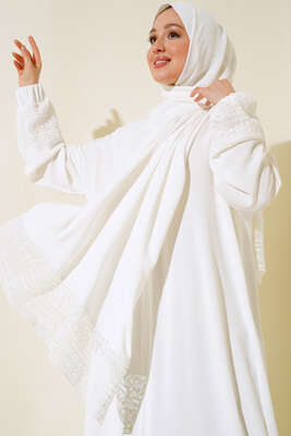Şal Modelli Kol Dantelli Ferace Ekru - Thumbnail