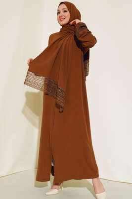 Şal Modelli Kol Dantelli Ferace Taba - Thumbnail