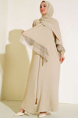 Şal Modelli Kol Dantelli Ferace Latte - Thumbnail