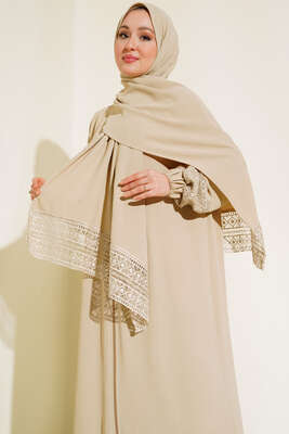 Şal Modelli Kol Dantelli Ferace Latte - Thumbnail