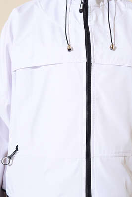 Kapüşonlu Beli Lastikli Yağmurluk Beyaz - Thumbnail