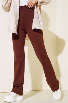 Beli Düğmeli Fermuarlı Çımalı Pantolon Kahve - Thumbnail