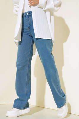 Pazarium - Yüksek Bel Palazzo Kot Pantolon Açık Mavi