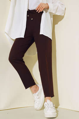 İp Detaylı Beli Lastikli Dar Paça Acı Kahve Pantolon - Thumbnail