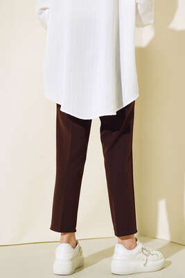 İp Detaylı Beli Lastikli Dar Paça Acı Kahve Pantolon - Thumbnail