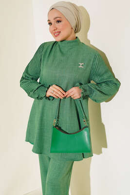 Kolları Piliseli Keten İkili Takım Yeşil - Thumbnail