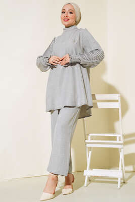 Kolları Piliseli Keten İkili Takım Gri - Thumbnail