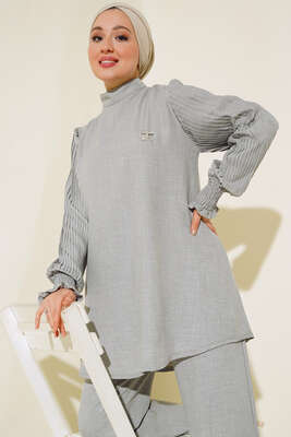 Kolları Piliseli Keten İkili Takım Gri - Thumbnail