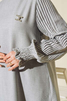 Kolları Piliseli Keten İkili Takım Gri - Thumbnail