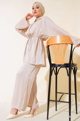 Simli İkili Takım Bej - Thumbnail