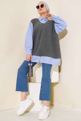 Gömlek Garnili Triko Süveter Füme - Thumbnail