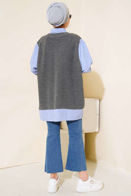 Gömlek Garnili Triko Süveter Füme - Thumbnail