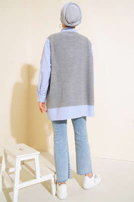 Gömlek Garnili Triko Süveter Gri - Thumbnail