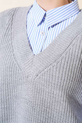 Gömlek Garnili Triko Süveter Gri - Thumbnail