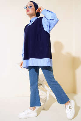 Gömlek Garnili Triko Süveter Lacivert - Thumbnail