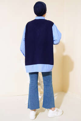 Gömlek Garnili Triko Süveter Lacivert - Thumbnail