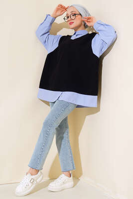 Gömlek Garnili Triko Süveter Siyah - Thumbnail