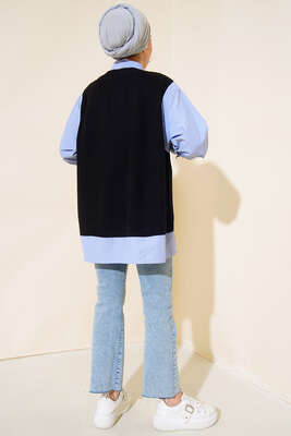 Gömlek Garnili Triko Süveter Siyah - Thumbnail