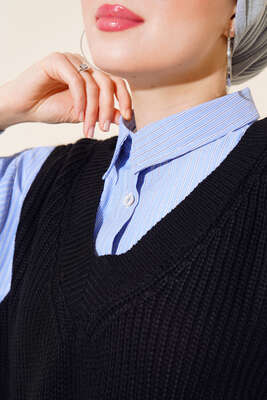 Gömlek Garnili Triko Süveter Siyah - Thumbnail