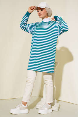 Yatay İnce Çizgili Tunik Petrol - Thumbnail