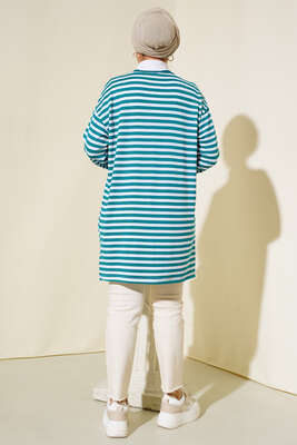 Yatay İnce Çizgili Tunik Petrol - Thumbnail