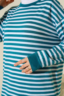 Yatay İnce Çizgili Tunik Petrol - Thumbnail