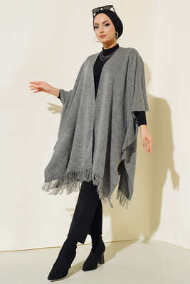 İp Saçaklı Kolsuz Panço Gri - Thumbnail