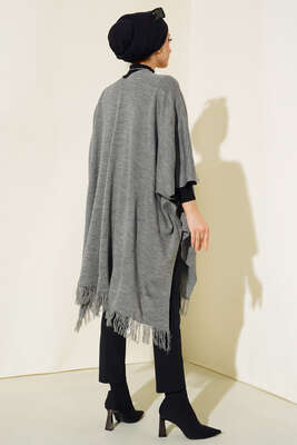 İp Saçaklı Kolsuz Panço Gri - Thumbnail